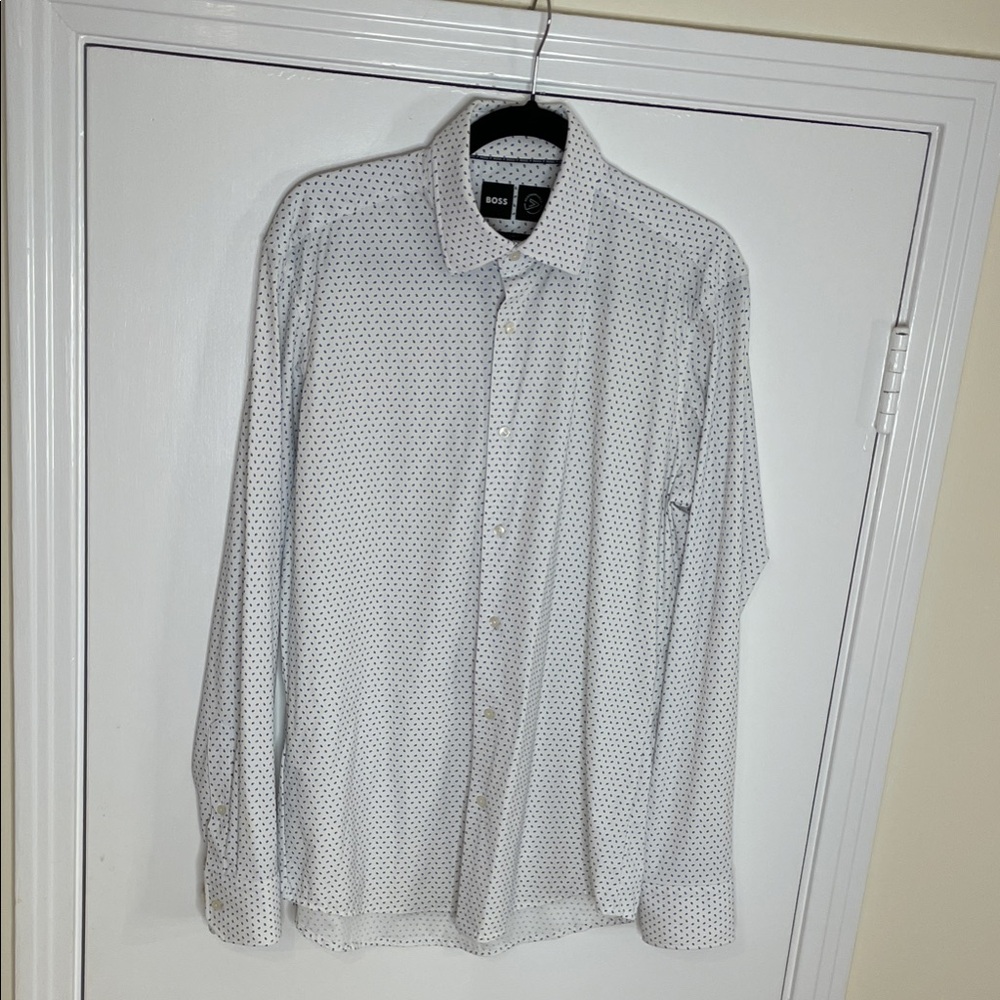 Hugo Boss Men's Casual White Shirt with Black Pattern